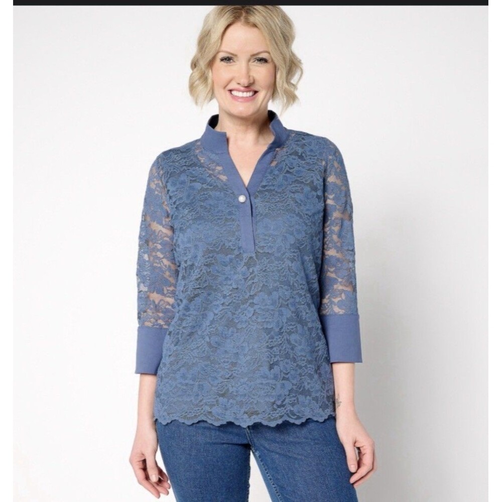 BEAUTIFUL by Lawrence Zarian 3/4 Sleeve Lace Blouse with Tank XL Vintage Indigo